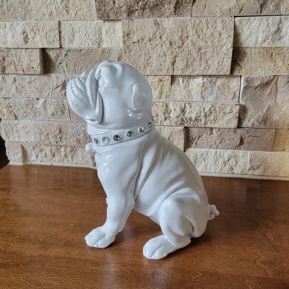 White glossy  english Bulldog figurine rhinestone collar - Picture 4 of 13